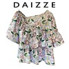 DAIZZE~2023夏季紫色褶皱斜V领碎花洋气小清新甜美衬衫女上衣