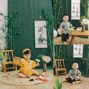 儿童摄影主题服装周岁生日布置装饰果绿色新中式抓周背景道具