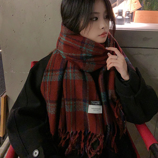 红色围巾女冬季过年2023格子围脖秋高级感披肩氛围感韩系保暖