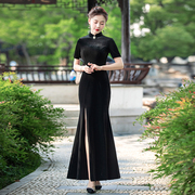 黑色丝绒旗袍年轻款形体服气质走秀长款年会晚礼服改良连衣裙