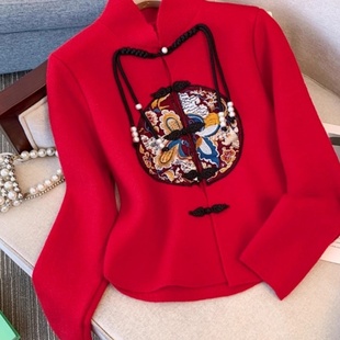 大码新中式国风刺绣针织衫毛衣，2024春季高级感红色上衣外套女