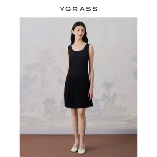 VGRASS法式黑色高级感真丝无袖连衣裙女夏季垂坠感VSL2O24010