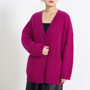 紫色针织衫外套慵懒风秋冬小个子女大口袋设计感宽松v领毛衫