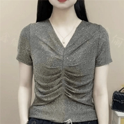 2024夏镶钻网纱V领短袖T恤女设计感小众套头上衣气质小衫时髦