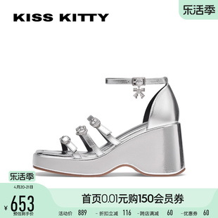 kisskitty2024年夏季坡跟凉鞋，增高厚底超高跟，银色凉鞋配裙子