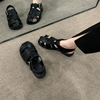 法式绝美包头凉鞋女款2024夏季外穿洞洞鞋，黑色平底镂空罗马鞋
