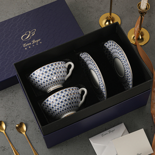 爱莉卡贝叶蓝网格，英式骨瓷咖啡杯碟，套装下午茶红茶杯配勺礼盒