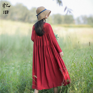 忆旧秋装亚麻针织长裙，2023年红色拼接连衣裙女宽松大码裙子