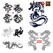 中国龙图腾(龙，图腾)黑白剪影，插画ai矢量设计素材