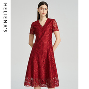 海兰丝2023商场同款连衣裙红色，短袖v领裙子，喜庆婚礼婆婆装连衣裙