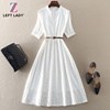 夏装气质优雅高端女装中长款收腰大摆裙，白色短袖蕾丝连衣裙子