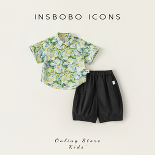 insbobo儿童套装清新印花男童，夏装2024时髦女宝衬衫两件套