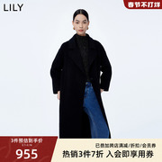 LILY2023冬女装全绵羊毛复古气质通勤款时尚黑色毛呢外套大衣
