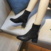 2023袜靴女春秋款中跟单靴白色，瘦瘦靴高跟，粗跟短靴方头切尔西靴子