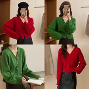 meimei梁美美(梁美美)100%羊毛红色针织，开衫毛衣女(毛衣女)短款宽松慵懒外套上衣
