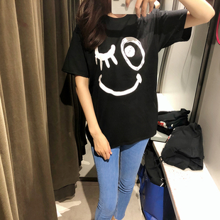 特小众笑脸黑色t恤女短袖重磅纯棉宽松显瘦韩版潮上衣亲子tee