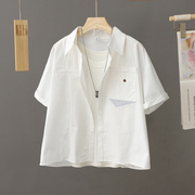 夏天白色短袖衬衫女外套短款2024夏季宽松纯棉开衫小个子衬衣