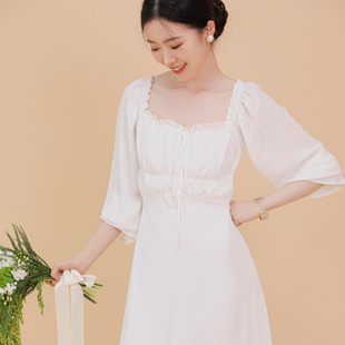 tansshop法式优雅白色连衣裙，雪纺纯色长袖荷叶边方领中长款晨袍