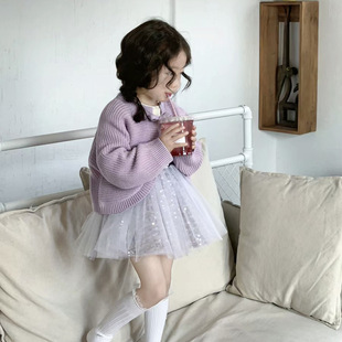 女童甜美韩系穿搭2024春季小女孩，气质针织开衫洋气亮片网纱半身裙