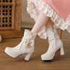 白色LO靴子甜美淑女公主洛丽塔鞋子女百搭加绒冬季高跟鞋女短靴女