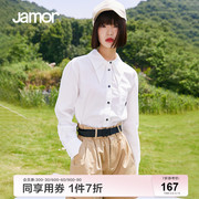jamor春季简约白色衬衫，长袖女领口小设计泡泡袖两穿上衣加墨