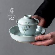 仿古胎手绘海棠花盖碗茶碗单个家用三才碗中式陶瓷功夫茶具泡茶器