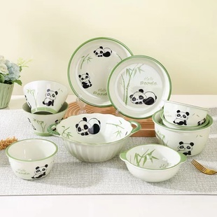果奈熊猫碗家用2023网红餐具高颜值陶瓷盘子碗套装儿童饭碗