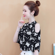 韩国雪纺衫女夏季时尚洋气，露肩心机衬衫上衣，设计感休闲遮肚子小衫