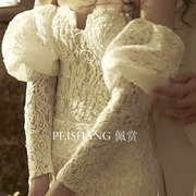 新娘手套白色蕾丝长款泡泡手袖抹胸婚纱礼服遮手臂臂袖拍照造型款