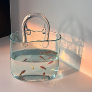好看的办公室小型鱼缸摆件手提包式家用金鱼水族箱创意桌面玻璃缸