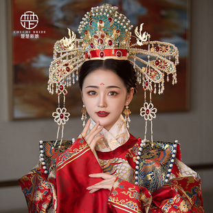 中式古风民族风新娘，头饰古典结婚景泰蓝，明制汉服古装婚礼大气凤冠