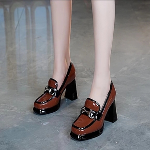 韩版时尚防水台高跟鞋，女2024春季方头厚底，不累脚粗跟浅口单鞋