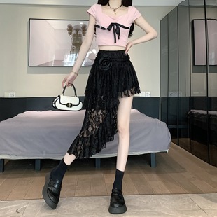 2024波西米亚法式玫瑰蕾丝复古不规则斜下摆小众设计感半身裙