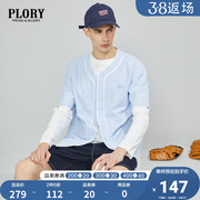 PLORY 春夏男士棒球休闲条纹刺绣短袖圆领衬衫衬衣