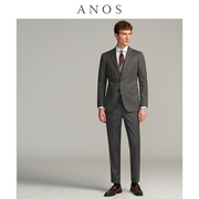 ANOS灰色西装套装男平纹牛角扣商务修身绅士英伦风平驳领西服外套