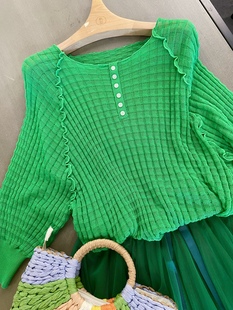 梦幻星座绿色日系蝙蝠袖针织，薄款长袖罩衫，女夏季透视性感上衣