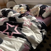 北欧风五角星针织棉四件套水洗，棉柔软裸睡女生，床单被套粉色三件套