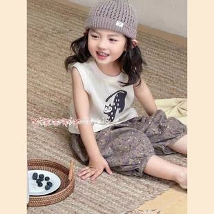 A635女宝宝小猫咪卡通印花背心+复古灯笼裤女童夏季韩系时髦套装