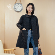 yun韫2023冬季女装葫芦，格单排扣镶边领韩版长款棉衣外套