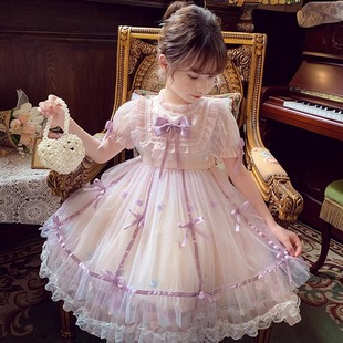 女童网纱连衣裙夏季2024蝴蝶结，洋气小女孩洛丽塔，公主短袖裙子