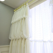 卡汀田园奶油公主风米色遮光叶子3层褶皱蕾丝布纱一体窗帘飘窗