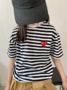 儿童短袖t恤黑白条纹爱心T恤2023夏季日系潮牌亲子装上衣