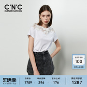 CNC女装白色短袖T恤女2024夏季重工不规则蕾丝拼接洋气小衫