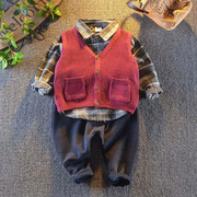 男宝宝秋装套装1-2岁男童，长袖格子衬衣4毛线，马甲5婴幼儿三件套潮