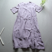 夏日清凉柔软肌理苎麻，柔美烟紫纯色，圆领短袖珍珠腰带连衣裙长裙