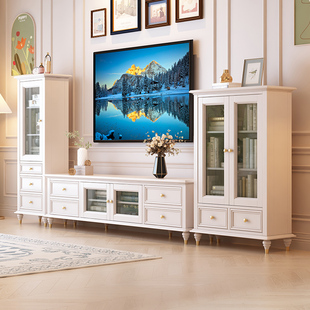 白色电视柜地柜实木电视柜茶几组合2.0米2.2米轻奢实木电视柜组合