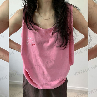 vintagewen美式复古粉色独角兽，宽松慵懒吊带，背心女夏无袖t恤简约