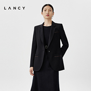 LANCY/朗姿春款黑色中长款西服修身羊毛西装女正肩职业高端外套