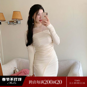 ml茉乐大码微胖2023冬季蕾丝，连衣裙褶皱修身法式温柔中长裙