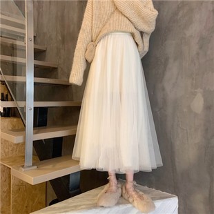 2023秋冬裙子仙女超仙森系网纱半身裙加厚中长款白色半身纱裙